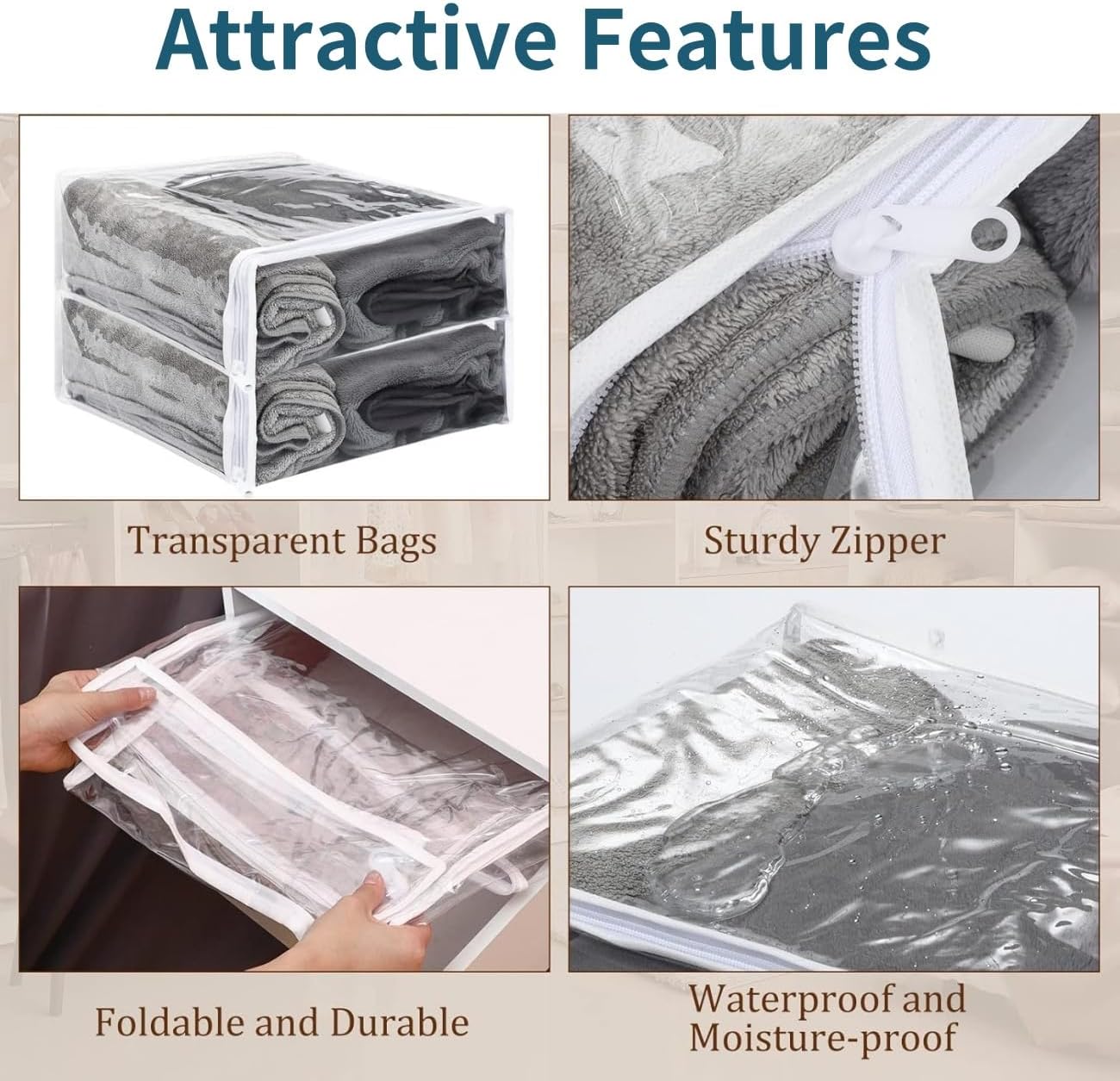 6 Pcs Storage Organizer Bags for Clothes, Clear Zippered Storage Bags for Sweater Blanket Bed Sheet Storage, Plastic Storage Bags with Zipper for Closet Linen Sweater Blanket (White)