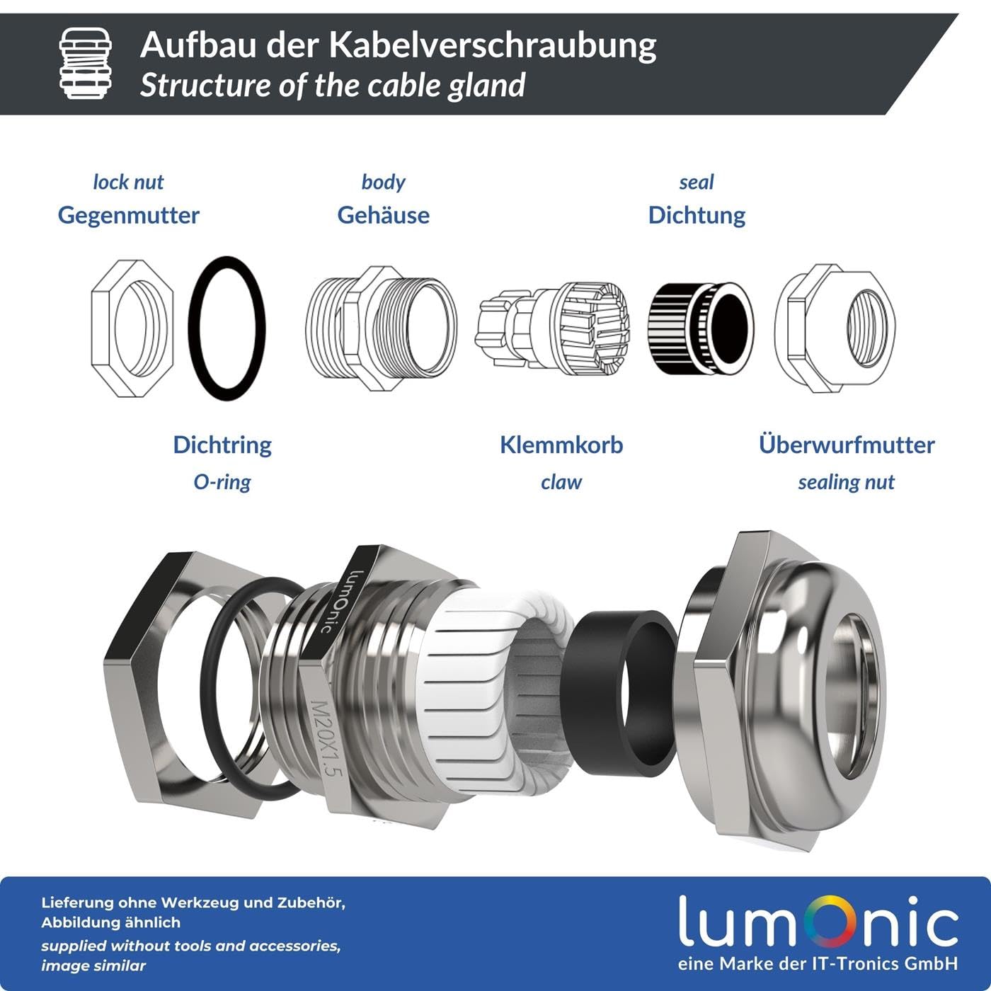 Image secondaire de Set de 5 Presse-étoupes Métalliques M20 - IP68 - Laiton Nickelé