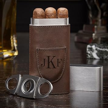 HomeWetBar Monogrammed Travel Cigar Case with Cigar Cutter