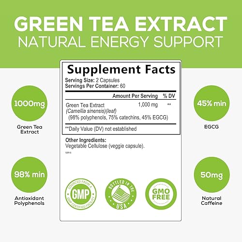 Miniatura 2 de Extracto de té verde 98% EGCG estandarizado  3 veces de fuerza para energía natural  Auxiliar cardíaco con polifenoles  cafeína suave, fabricado en