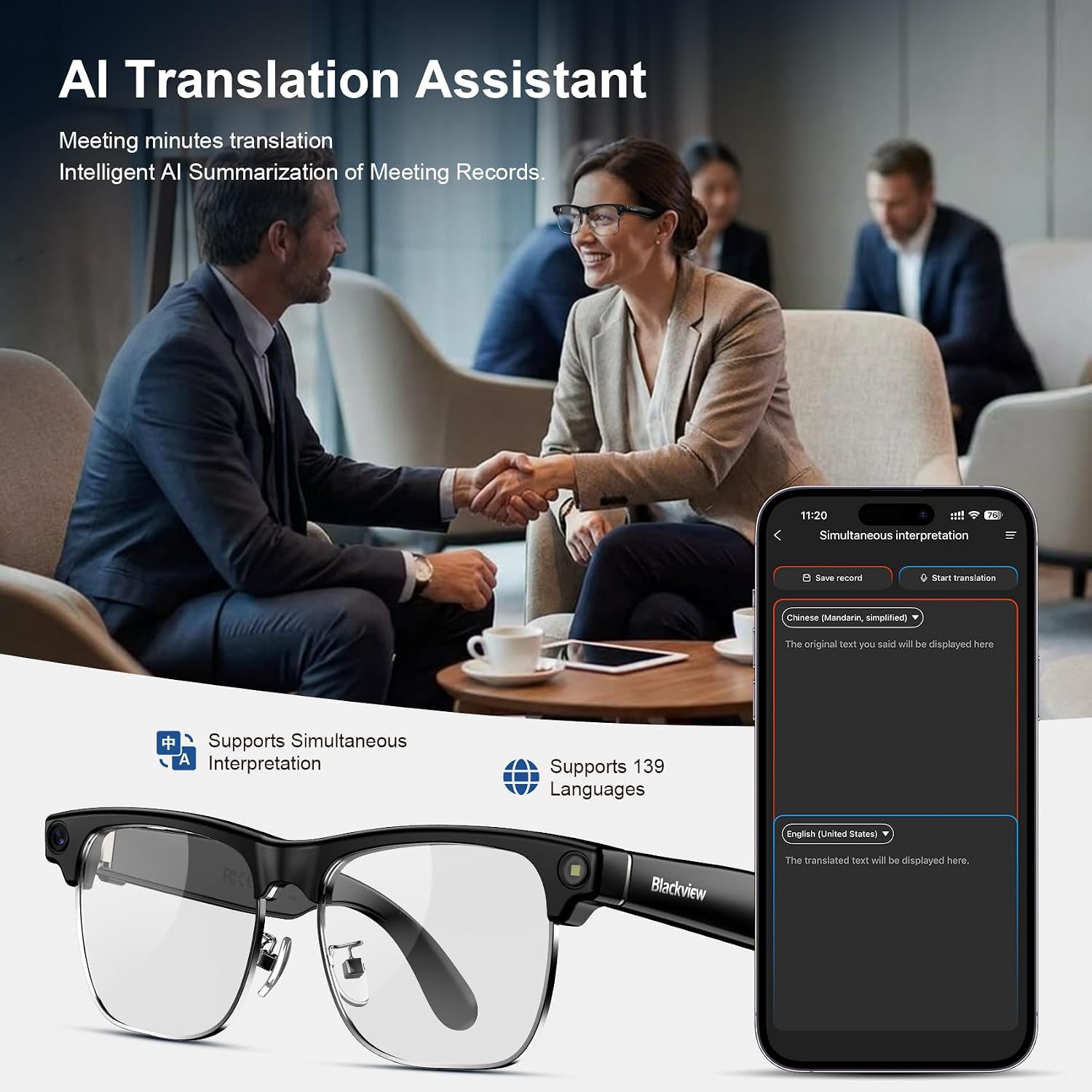 Blackview AI Smart Glasses with Camera, BT Call/Photo/4K HD Video Recording Glasses with Real-Time Translation, AI Voice Assistant, Object Recognition, Blue Light Blocking Graduated Lenses image 4