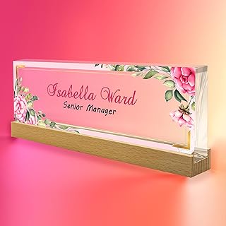 Office Desk Nameplate Personalized, Acrylic Desk Plaque with Wooden Base, Custom Desk Plaques Personalized Engraved, Desk Accessories for Women, Office Gifts for Employee (Flowers 12)