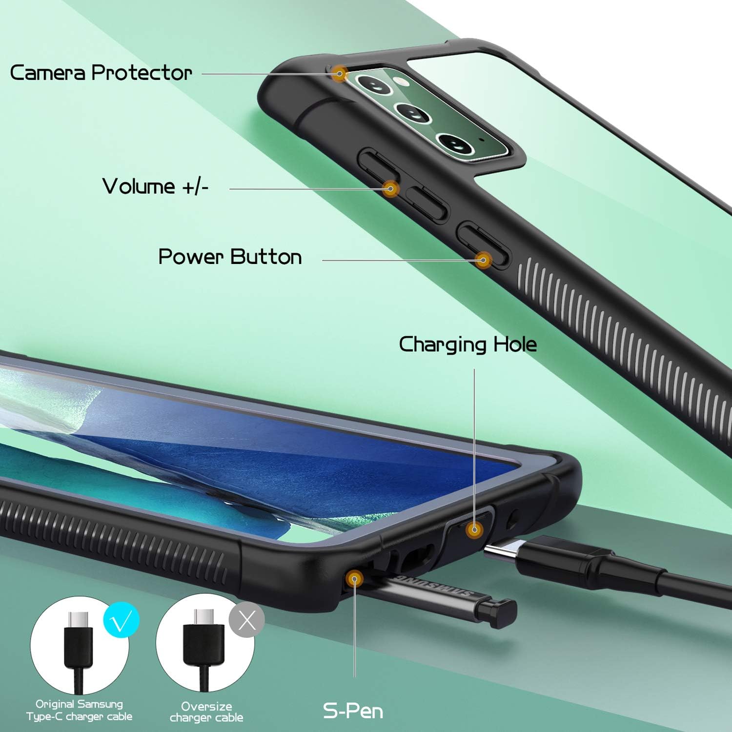 Temdan for Samsung Galaxy Note 20 Case, Built-in Screen Protector Full Body Heavy Duty Shockproof Case Support Wireless Charging for Samsung Galaxy Note 20 6.7 inch 2020 Black/Clear