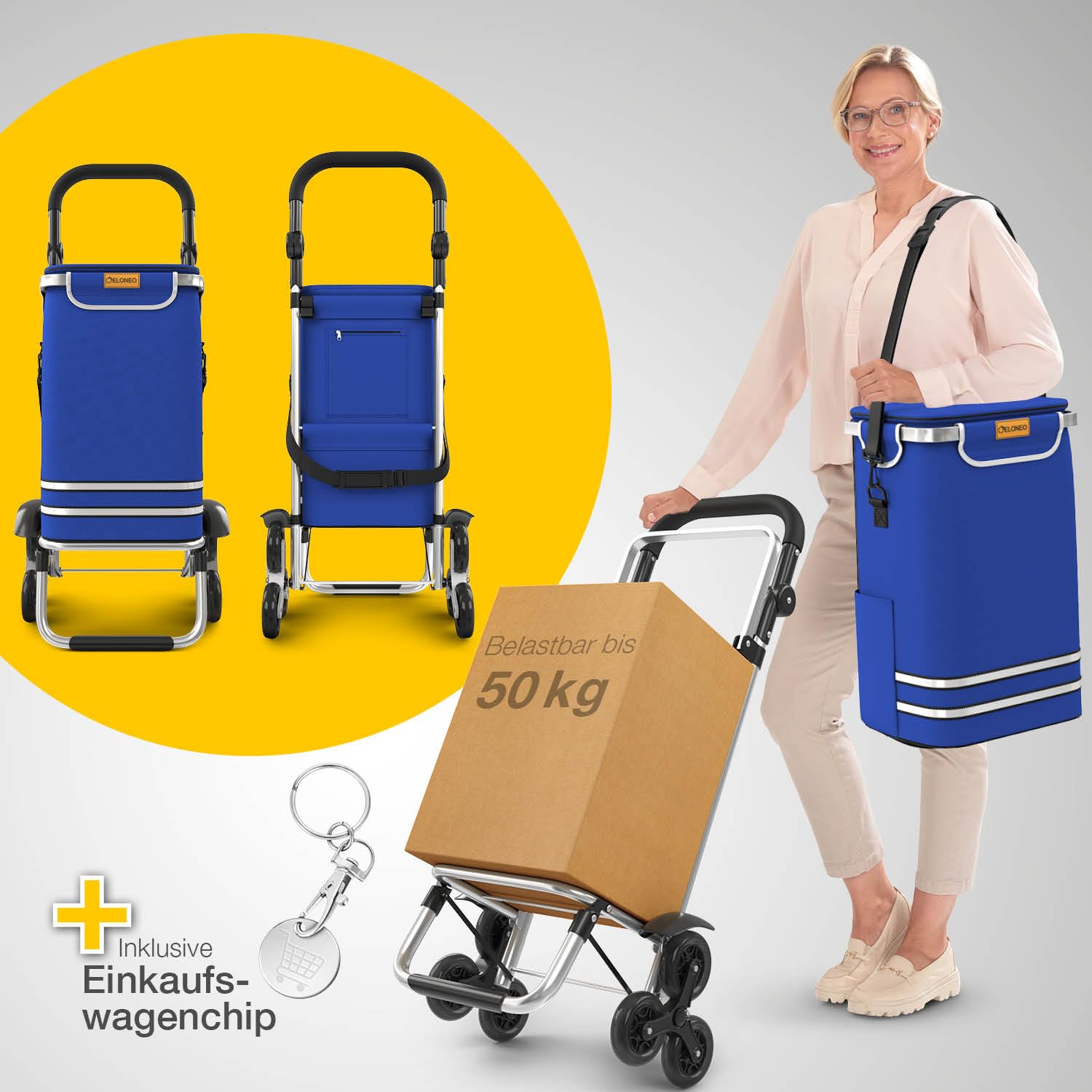 ELONEO Einkaufstrolley Treppensteiger mit Kühlfach, Einkaufsroller klappbar, Shopping Trolley höhenverstellbar, Reflektoren, abnehmbare Tasche 56 L, Hackenporsche (Treppensteiger-Trolley, Blau)