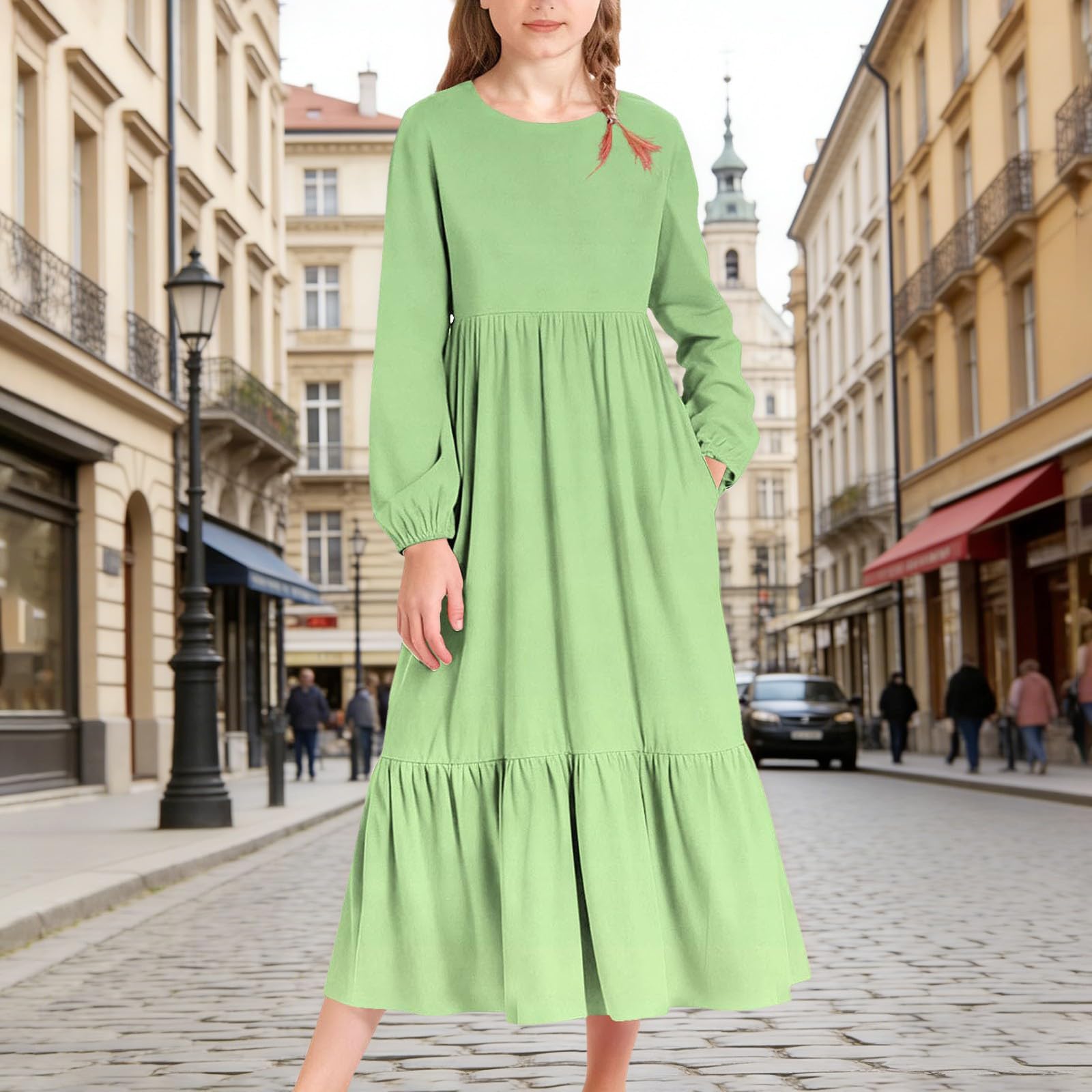 Vestito da ragazza a maniche lunghe casual da spiaggia per vacanze maxi abito per bambini primavera estate girocollo Boho Flowy A Line abiti con tasche