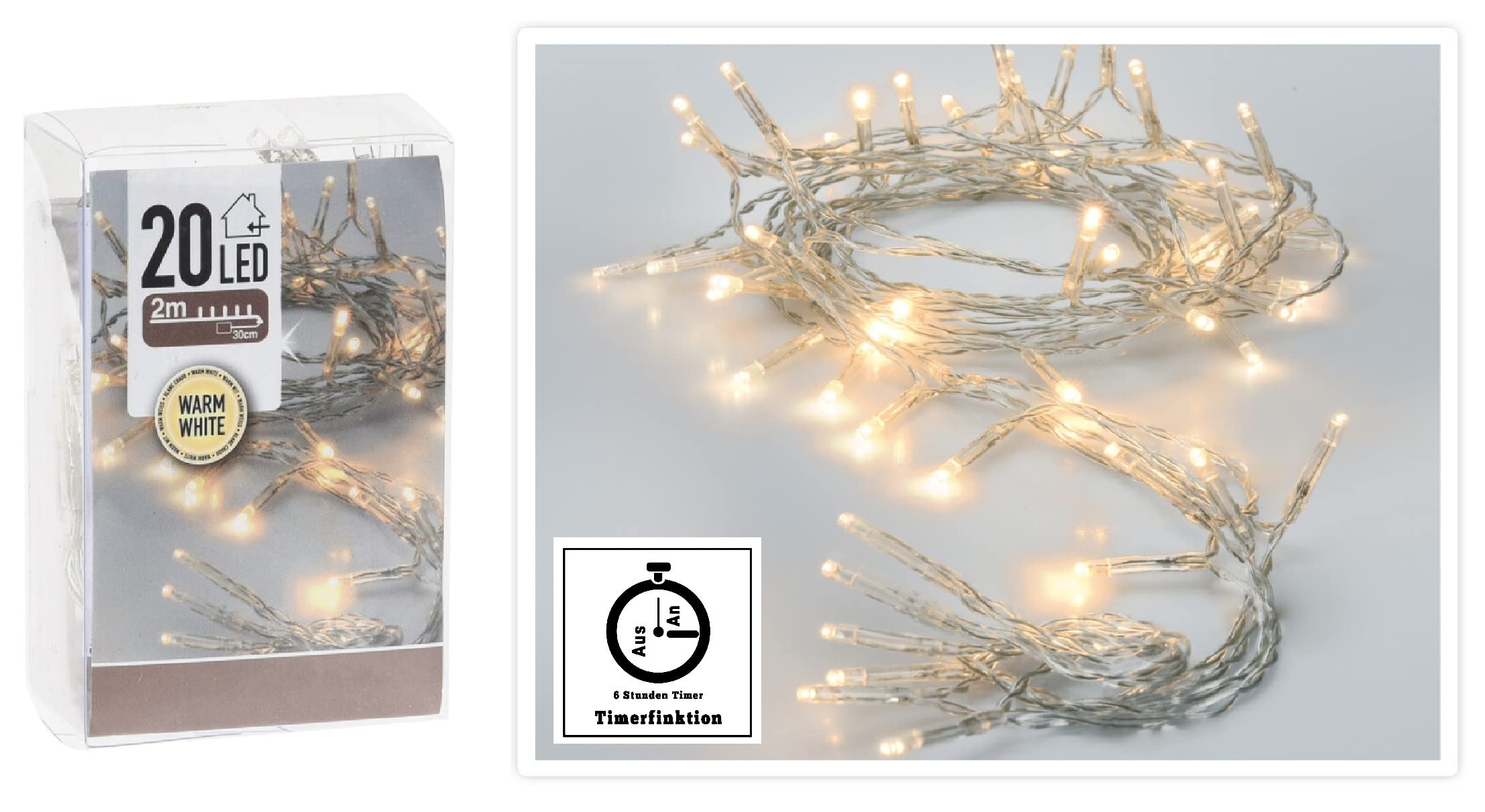 Kaleora LED Lichterkette 3m - 20 LEDs Warmweiß Batteriebetrieben Mit Blinkfunktion