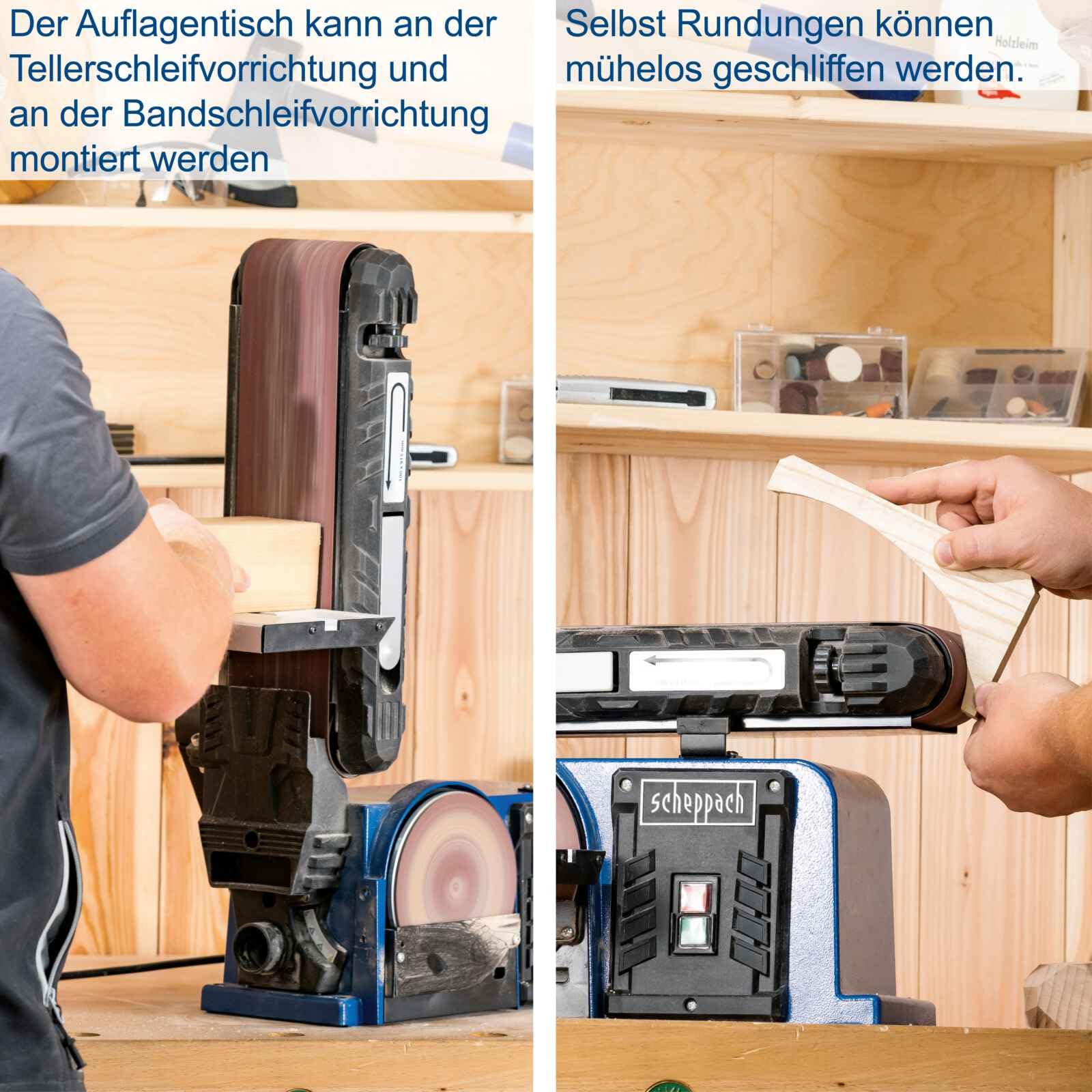 Scheppach Band &Tellerschleifer BTS900 mit 6 tlg. Zubehör | Leistung 370W | Schleifteller-Ø 150mm | Schleifbandlänge/-breite 915x100mm | Tischneigung 0°–45° | Gussmaterial-Konstruktion & Absaugadapter
