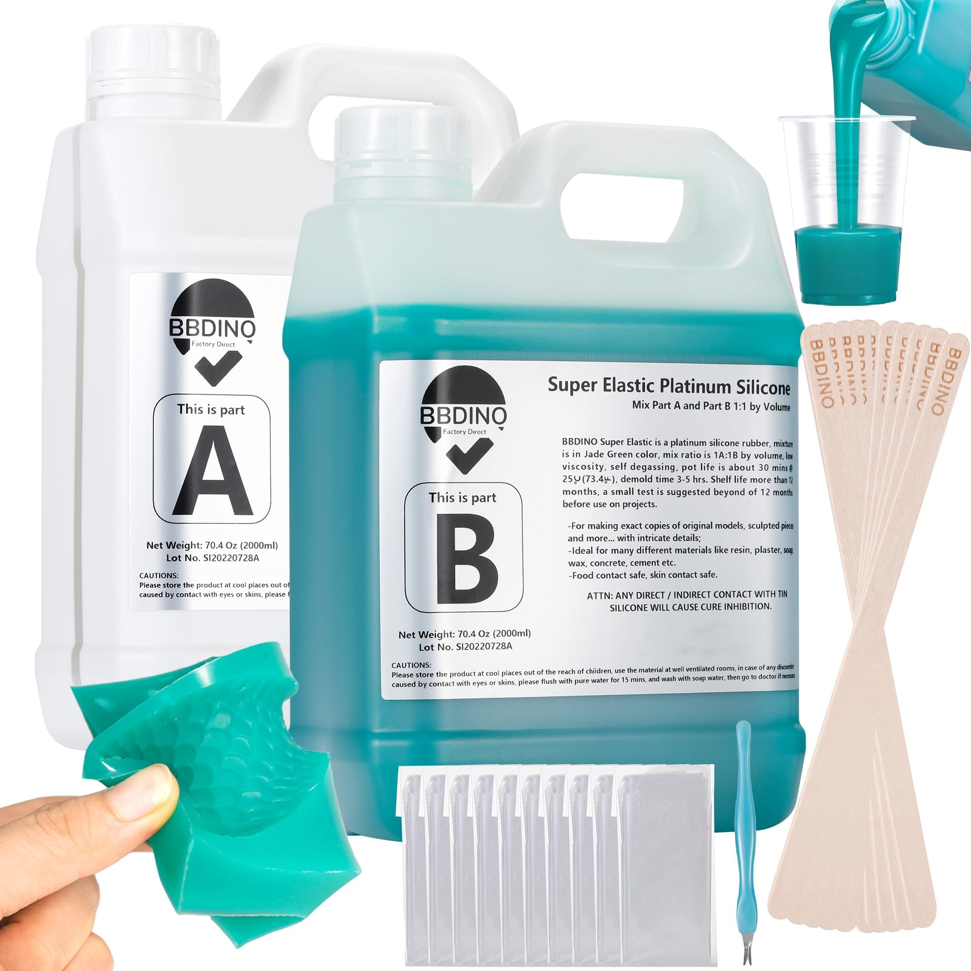 BBDINO Silicone Mold Making Kit, Super Elastic Jade Green Silicone, 1Gallon/140.8Oz, Ideal for Casting 3D Resin Molds & Silicone Molds, 1A:1B Mix Ratio