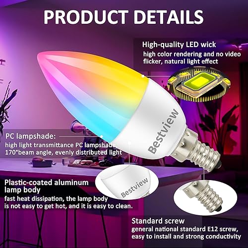 Miniatura 5 de Bestview Bombillas E12 que cambian de color, bombillas LED RGB multicolor con control remoto, base RGBW blanca de 3 W, bombilla de luz de color para