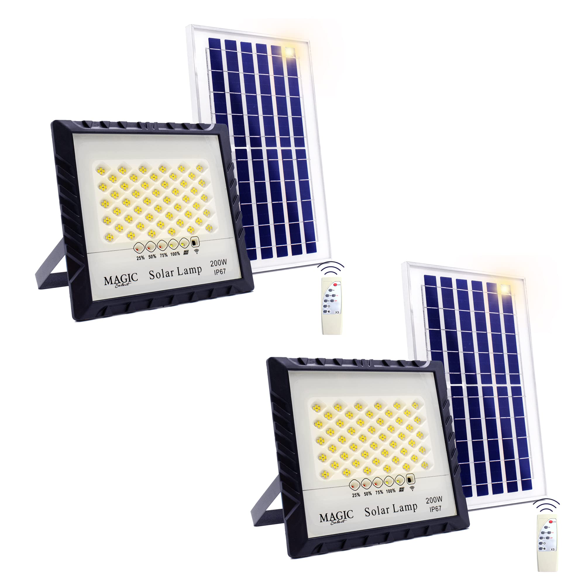 2x Foco Proyector 200W 200LED con Panel Solar Fotovoltaico, Mando a Distancia y Sensor de Encendido Automático. Foco Solar IP67 con Luz Blanca, Iluminación de Exterior, Patio, Jardín, Camino, Garaje