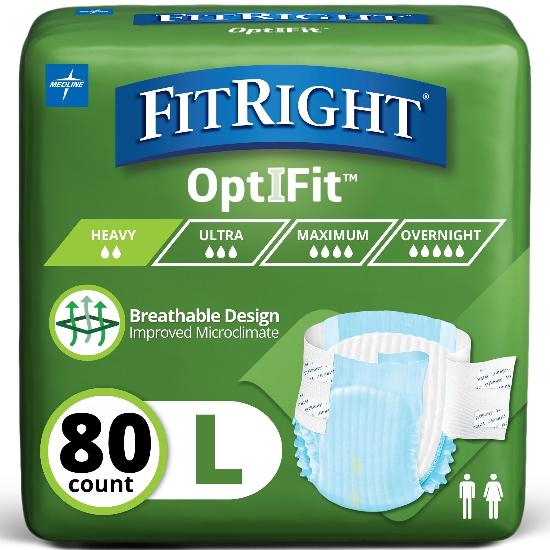 FitRight Adult Diapers, Extra Heavy Absorbency, L (Waist Size 44in-56in), 80 Count, OptiFit Incontinence Briefs for Men and Women, Disposable, Moisture Wicking, Leak Protection.
