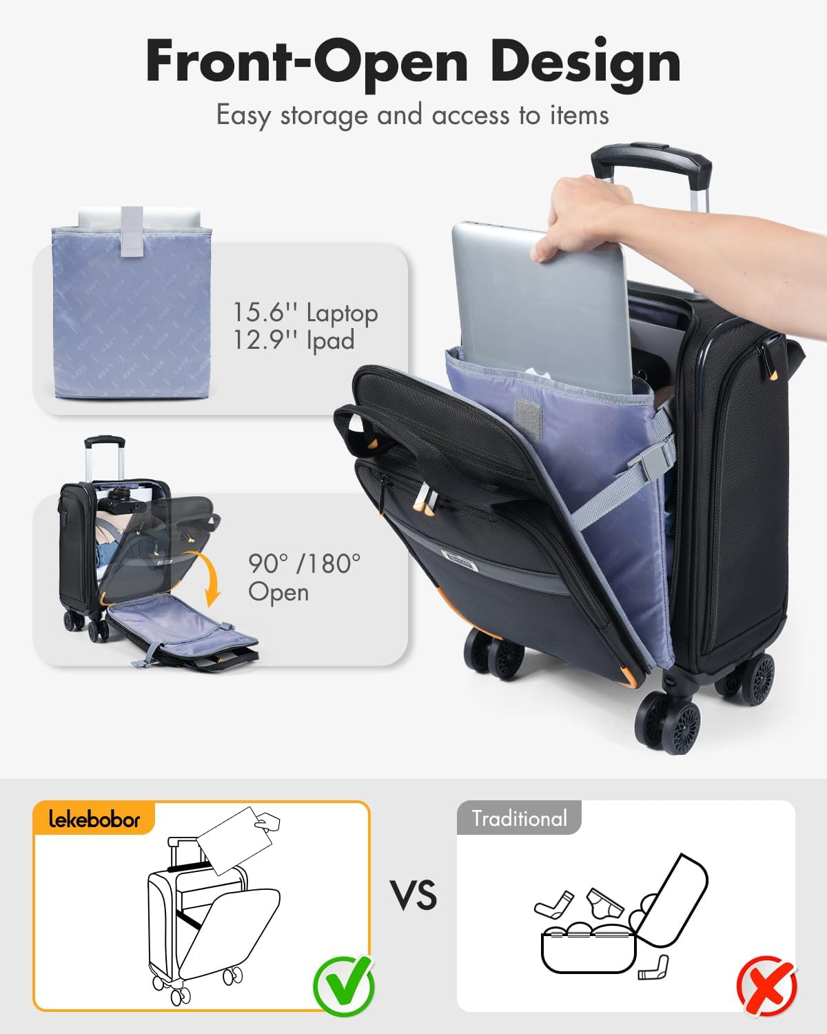 Lekebobor Underseat Carry On Luggage with Spinner Wheels,16 Inch Softside Suitcase with Detachable Wheels, Lightweight Travel Luggage Bag for Men Women, Black