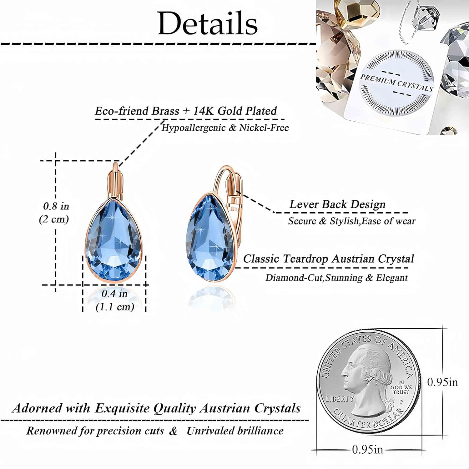 Teardrop Austrian Crystal Leverback Drop Earrings for Women 14K Rose Gold Plated Hypoallergenic Jewelry - Image 4