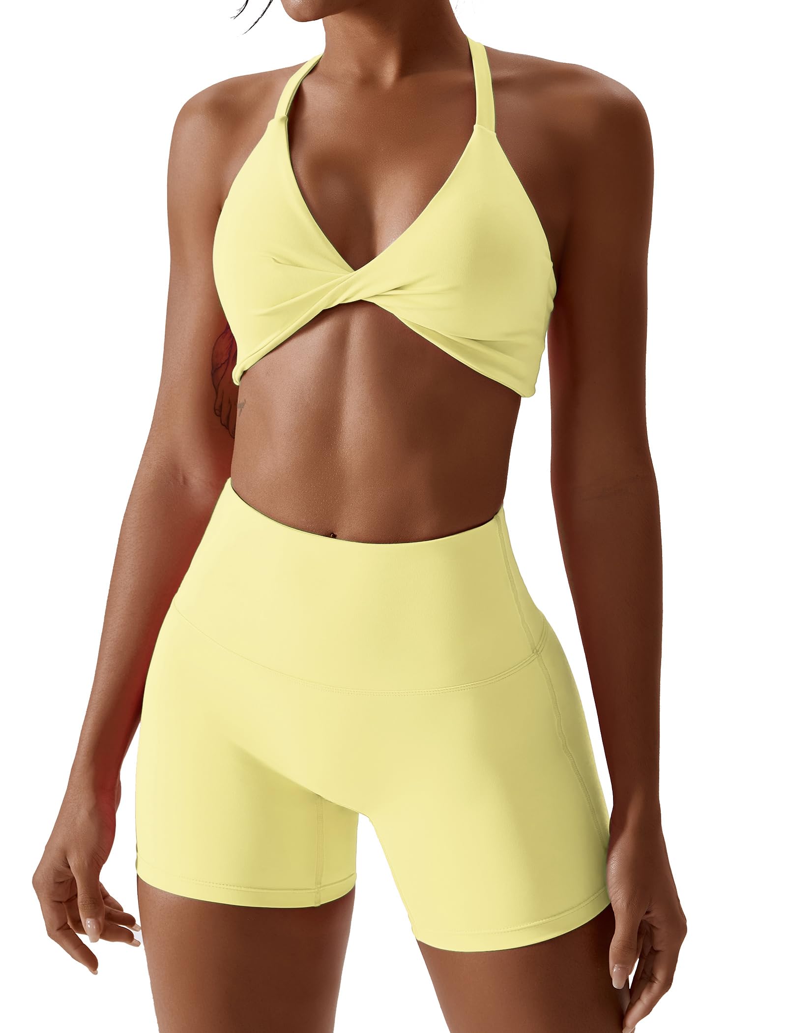 ABOCIW Workout Sets for Women 2 Piece Twist Front Halter Sports Bras High Waist Biker Shorts Exercise Gym Yoga Outfit