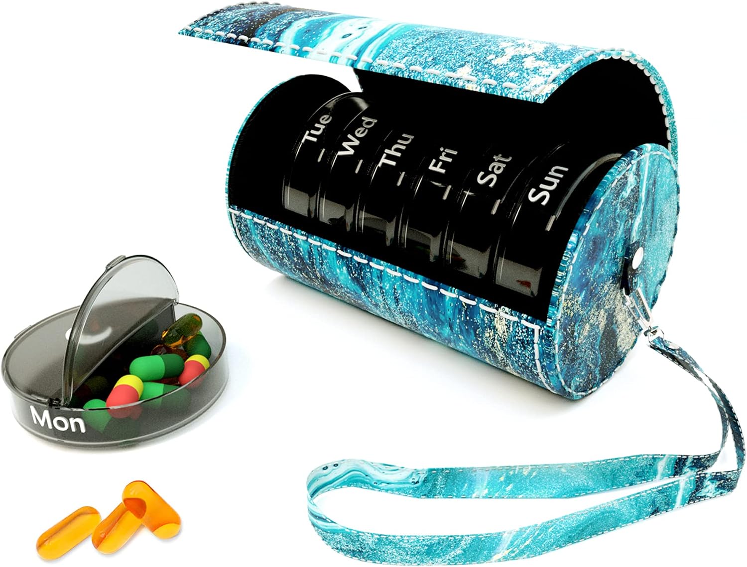 Hennaja Weekly Pill Organizer 2 Times a Day, Large 7 Day Pill Box with PU Case AM PM Pill Box Daily Pill Cases Medicine Box(1-Blue Quicksand)