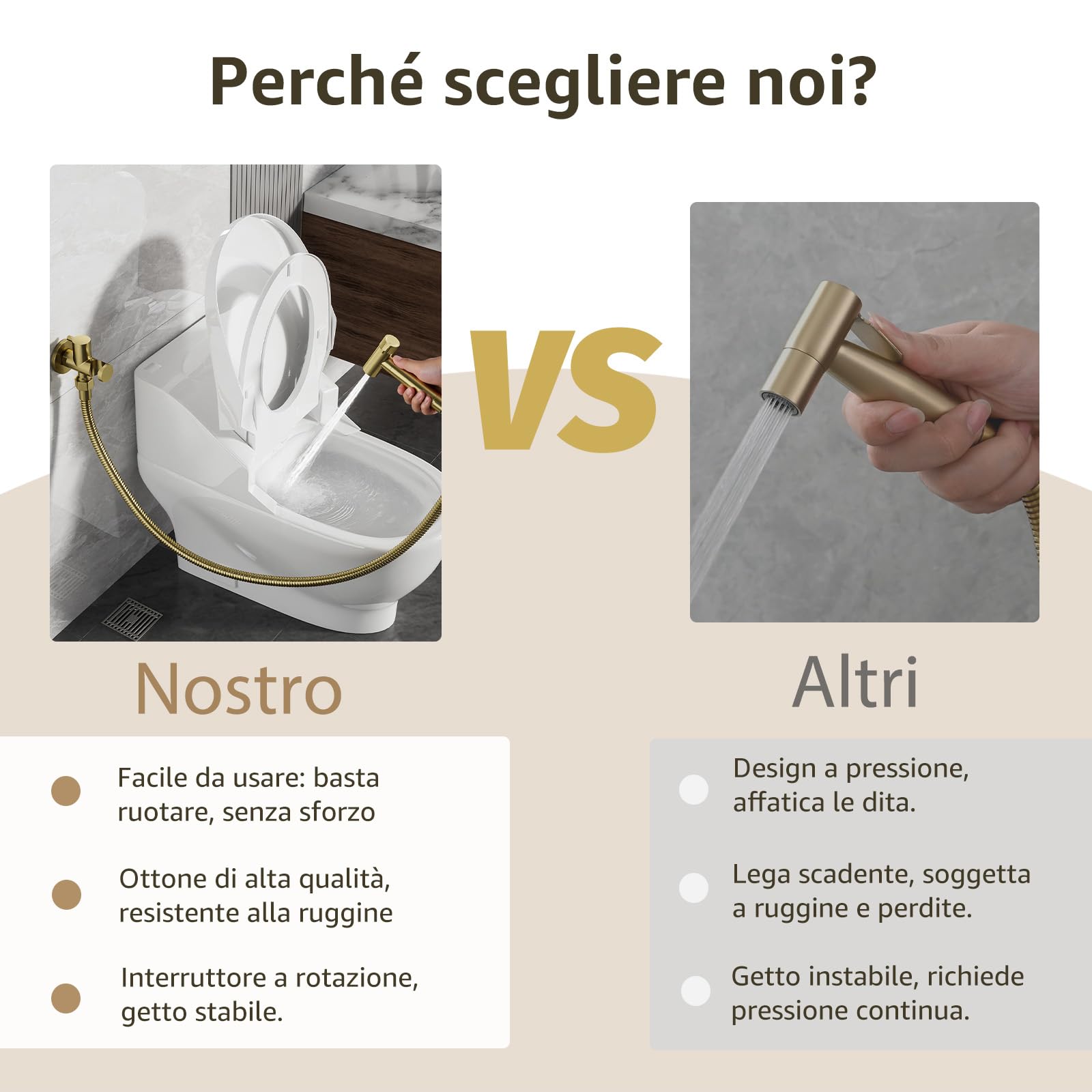 Doccetta per Bidet, 2 Modo de Agua Doccia Bidet, Non c'è Bisogno di Premere, Doccino per Bidet con Supporto e Tubo Flessibile, Adatto per L’igiene Personale/Pulizia del Bagno, Ottone