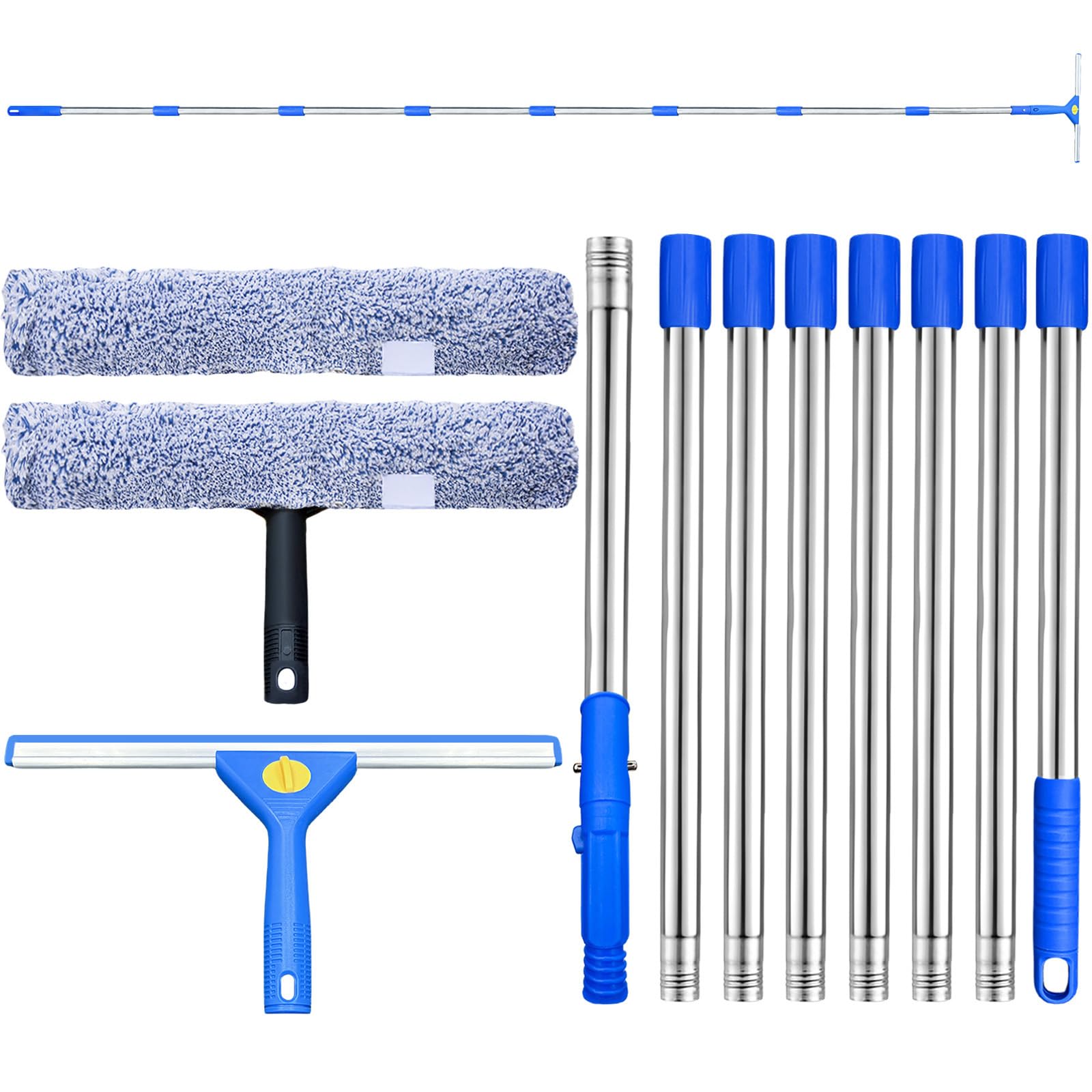 Long handled window cleaning tool (122 inches), equipped with a scraper, two brushes, and an 8-section splicing rod sprinkler, suitable for cleaning indoor and outdoor glass windows