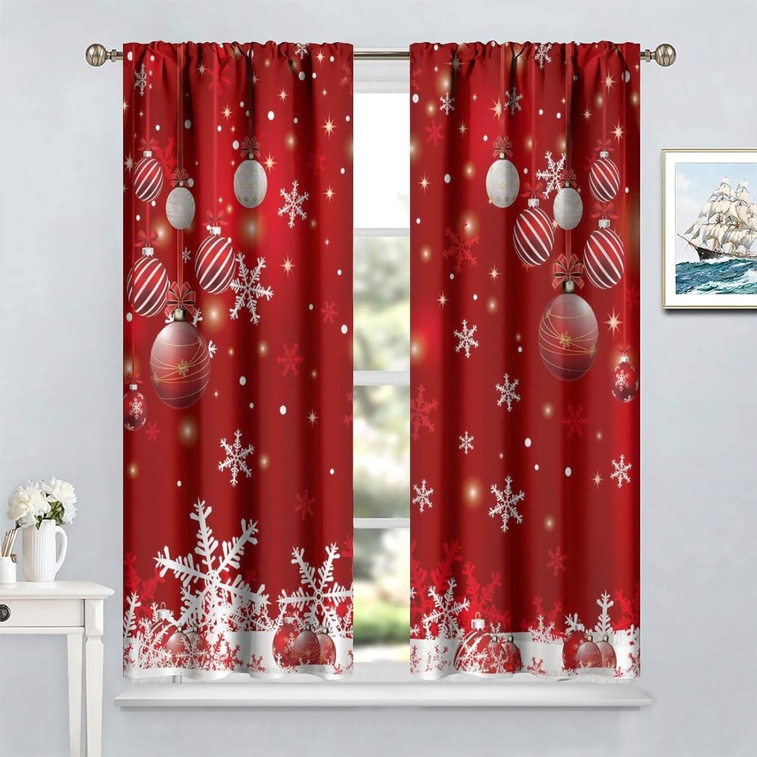 Merry Christmas Curtains, Merry Xmas Glitter Snowflake Window Treatments for Living Room Bedroom Kitchen Holiday Party Decor,Red Burgundy New Year Drapes 2 Panel Sets,52x84 Inch