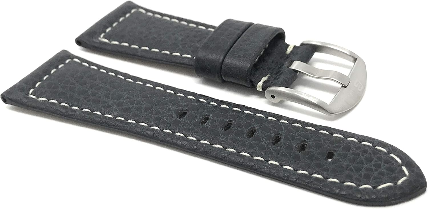 Bandini Mens Leather Watch Band Strap, Buffalo Pattern, Stainless Steel Buckle, 2 Colors (20mm, 22mm, 24mm, 26mm 28mm, 30mm, 32mm)