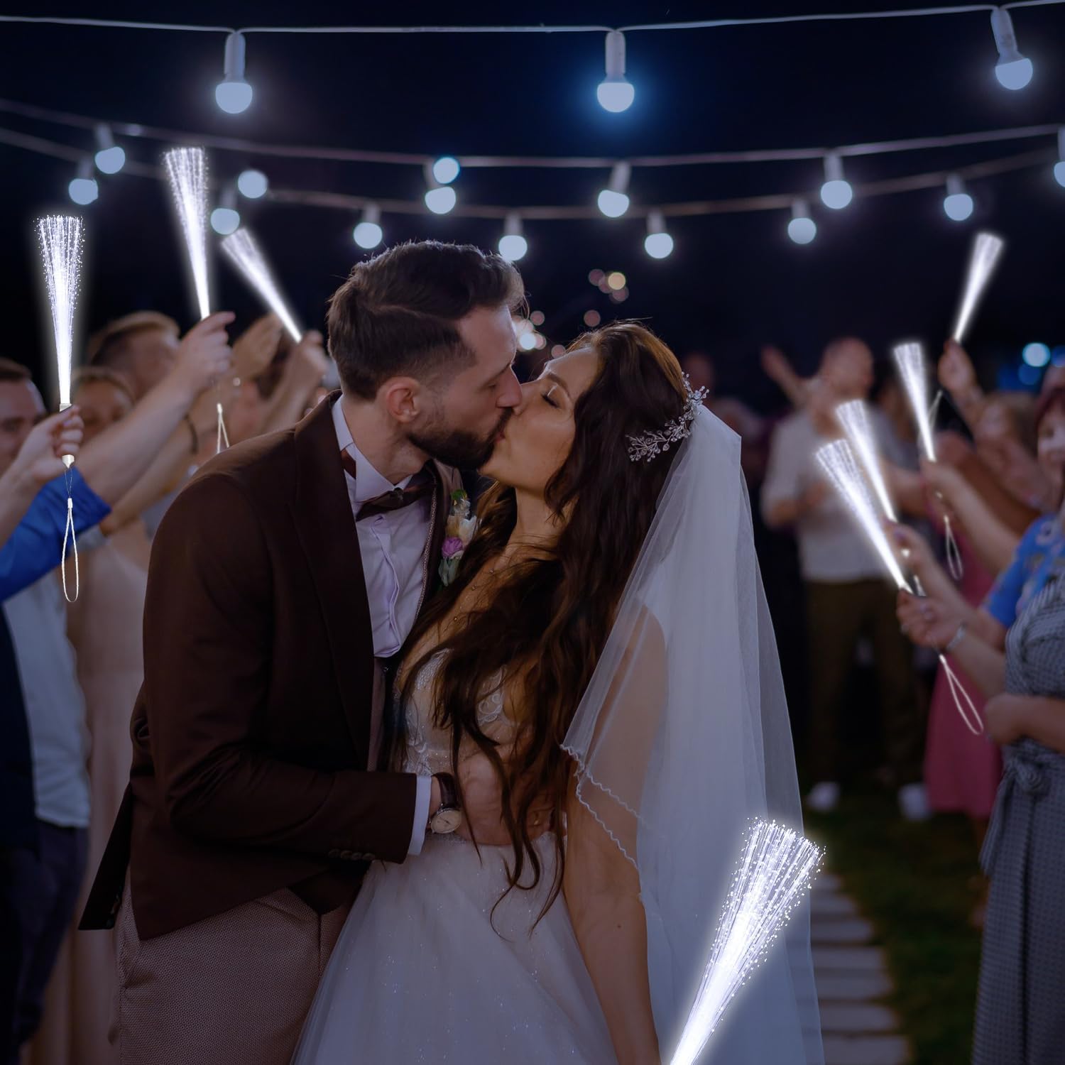 24 PCS White Light Up Wands Glow Fiber Optic Sticks LED Ribbon Streamers Sticks with Bells 3 Flashing Modes for Valentine's Day,Wedding Reception,Birthday,July 4th,Halloween, Christmas