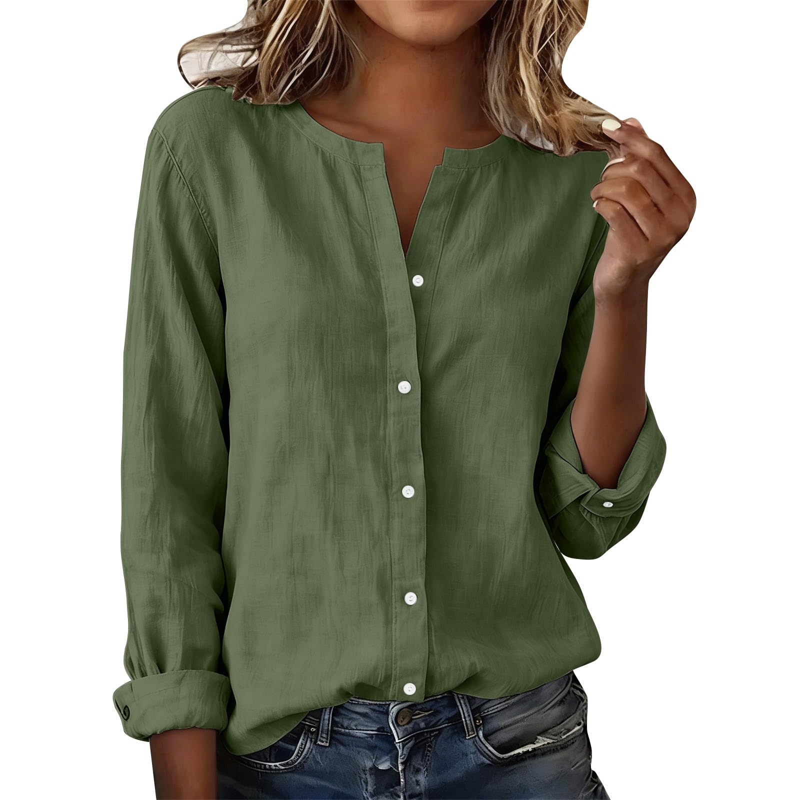 Chemise Femme Coton et Lin Manches Longues Col en V Boutonnée Couleur Unie - Chemisier Décontracté Chic Élégant Respirant Été - Blouse Femme Grande Taille pour Travail Quotidien