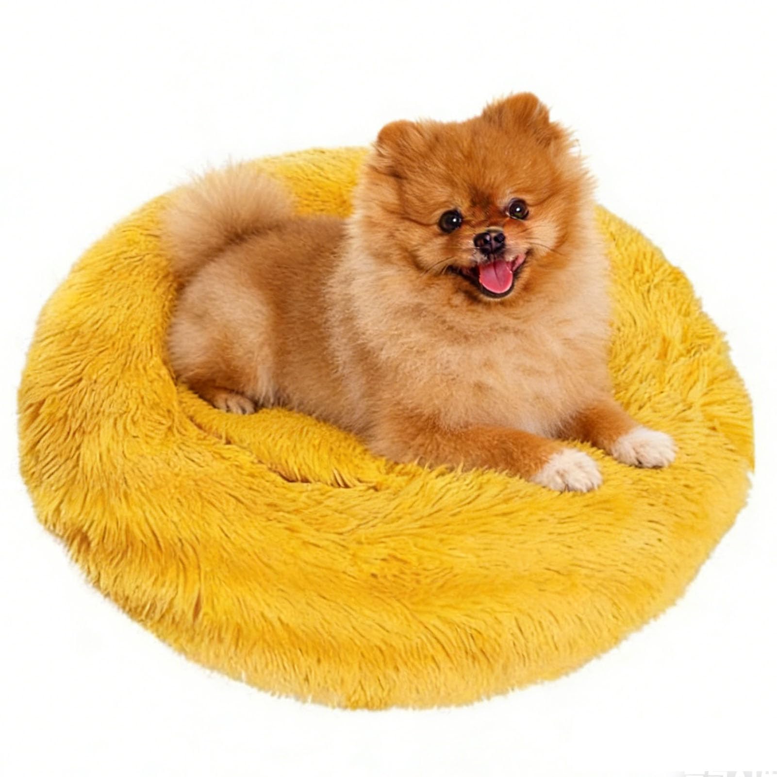 Cama Amarilla para Perros y Gatos 60 cm, Cama Redonda Tipo Donut para Mascotas, Perros Pequeños y Medianos, Felpa Suave de Pelo Largo, Funda Extraíble Lavable, Base Antideslizante para Casa