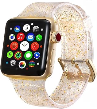 for Apple Watch Band 40mm 44mm 38mm 42mm Bling Silicone watchbands Bracelet for iWatch Serie 4 3 5 se 6 7 Jelly Strap Color Gold, Size 38-40mm