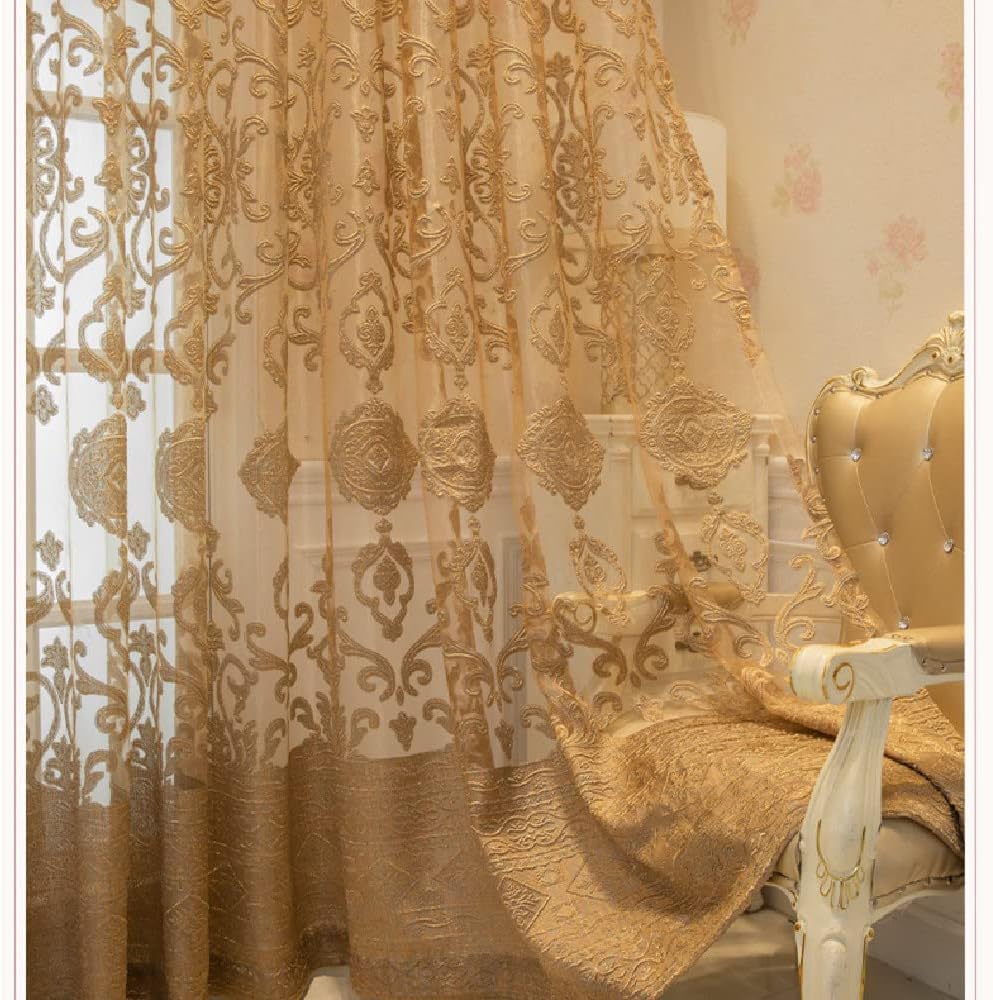 Amidoudou 1 Pair Luxury European Sheer Curtains Hollow Embroidered Tulle Curtains for Bedroom Living Room (Gold,54x90 Inch)