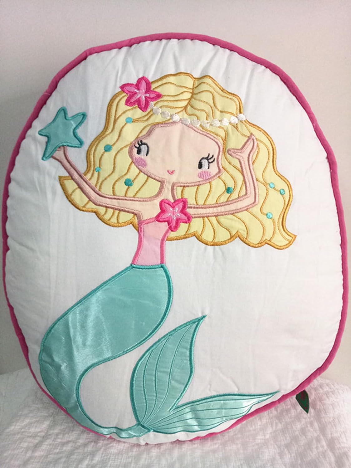 Embroidered Mermaid Throw Pillow Girl's Room Decorative Pillow Sofa Pillow Girl Gift Idea (Blue Mermaid)