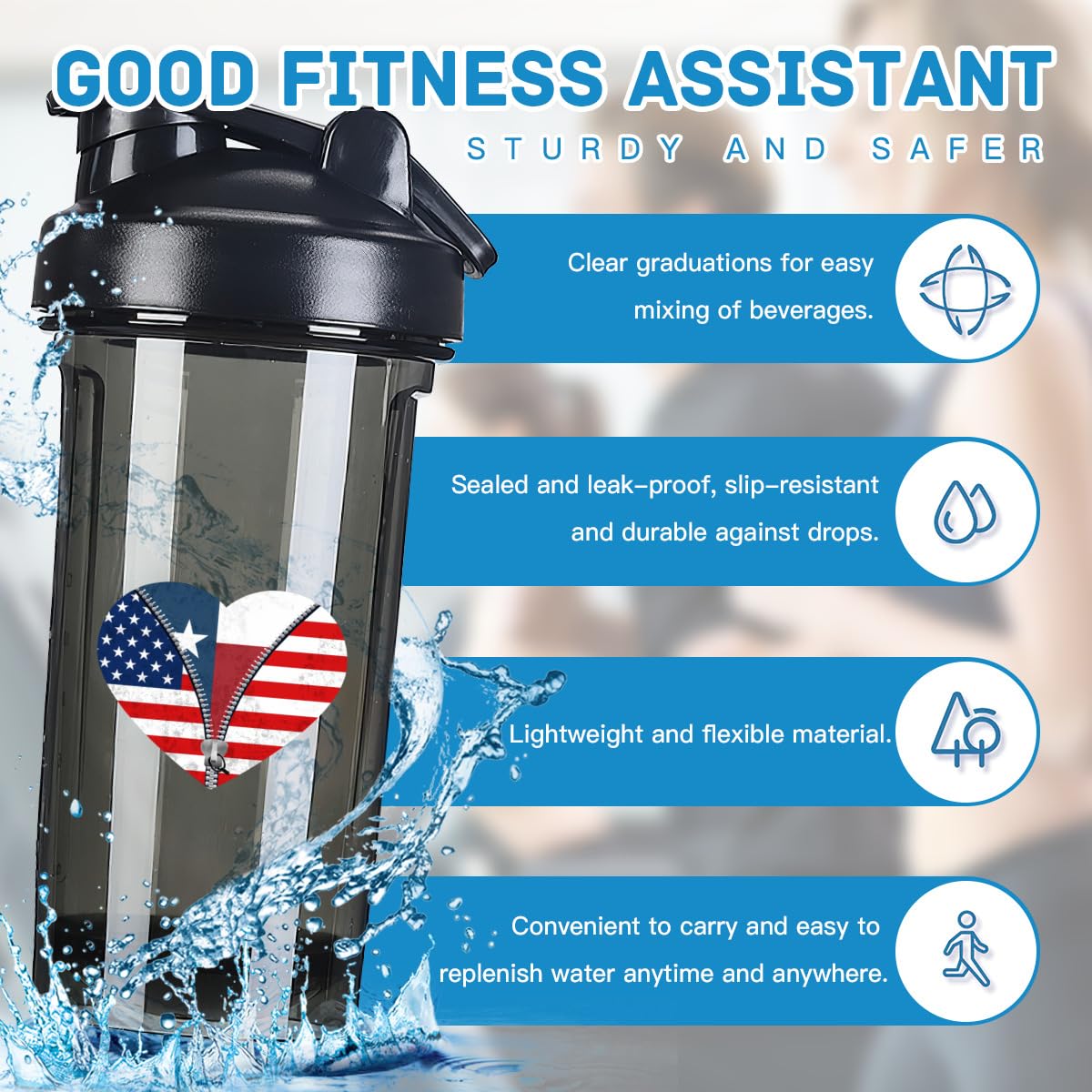 Heart America Flag and Texas Flag 18 Ounce Shaker Cup,Fashion Theme Pattern Shaker Bottle Leak-proof Workout Shake Bottles 500ML/18 oz Perfect for Pre Workout