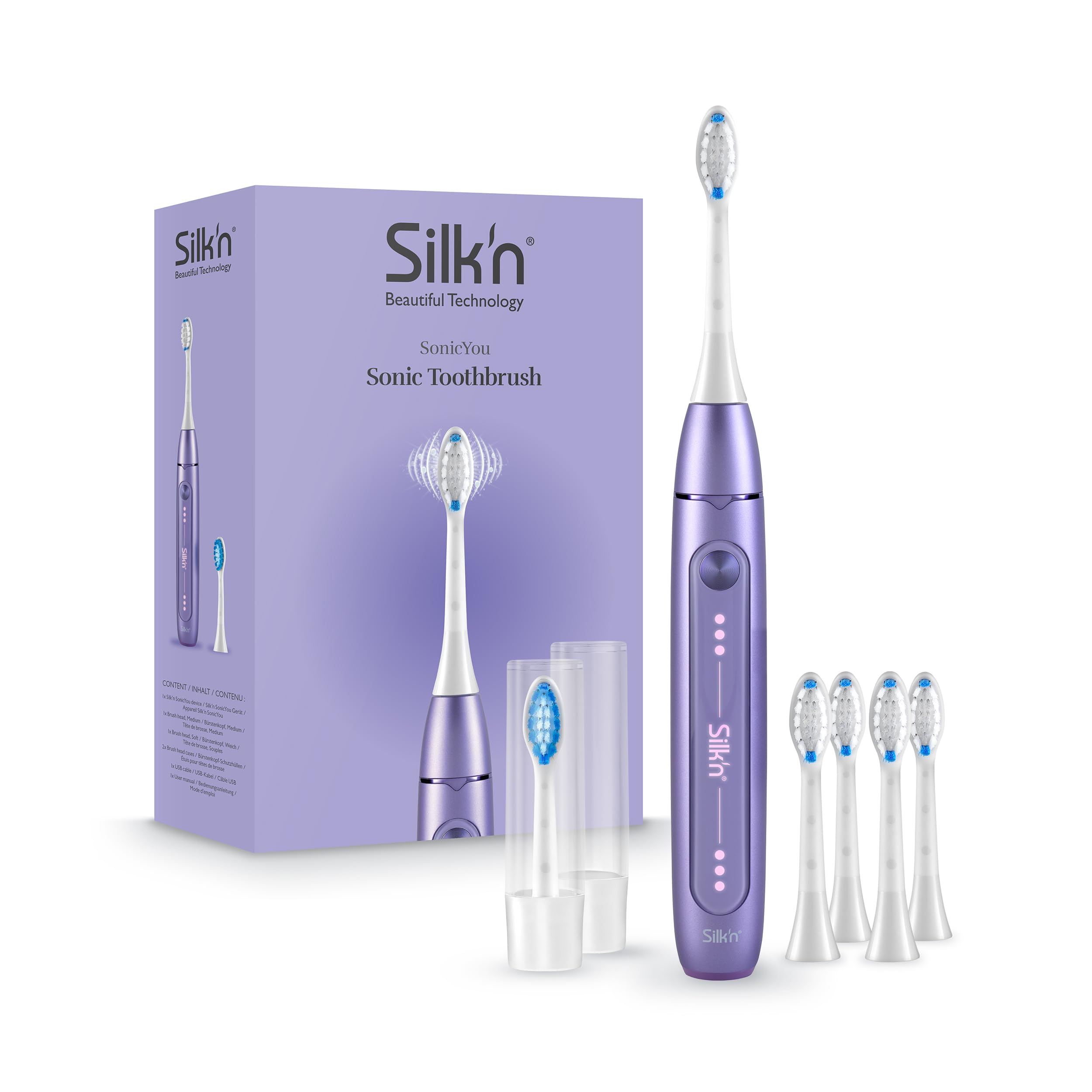 Silk'n Set de cepillo de dientes eléctrico con set de repuesto - SonicYou and Refill Set - con paquete de 4 cabezales blancos - Idea de regalo - Lila