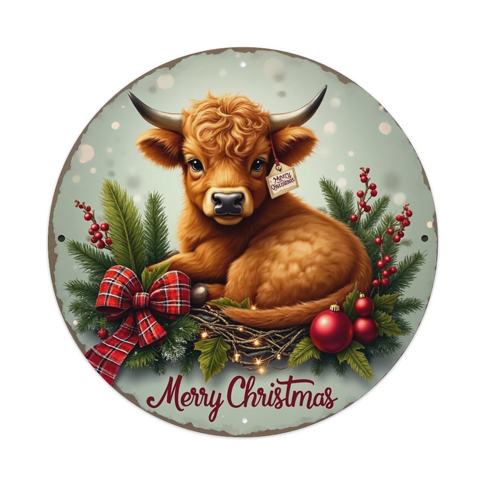 Christmas Bull Wreath Holiday Decor Retro Metal Sign Round Tin Sign, Vintage Decor Art Poster for Bar, Home, Man Cave, Kitchen, Laundry Room Gift 8x8Inch