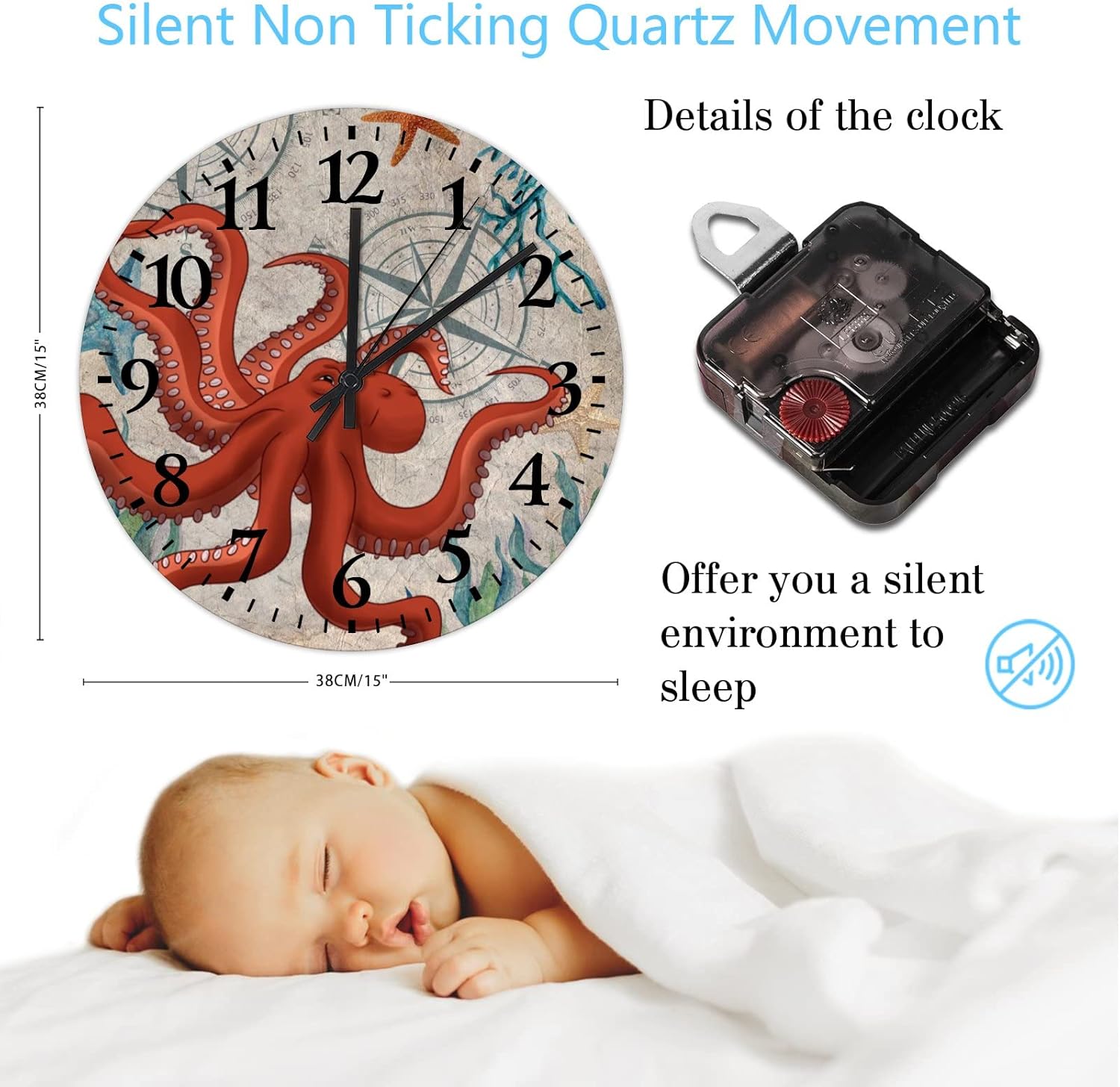 15 Inch Ocean Animal Octopus Wooden Clock Battery Operated Nautical Themed Wooden Clocks for Walls Arabic Numbers Round Clock for Home Office School