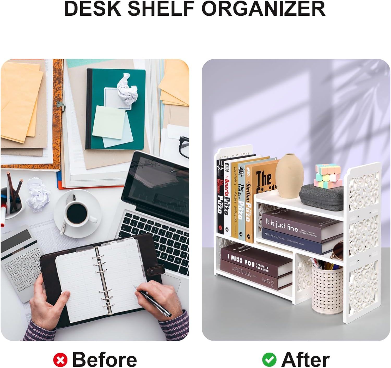 EARTHSON Desk Organizer Shelf, Expandable Bookshelf for Desk, Small Desktop Bookshelf, Mini Cute White Adjustable Office Desk Shelves