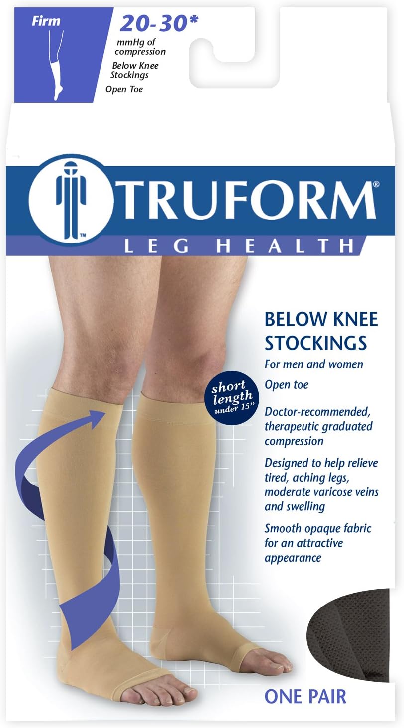 Truform Short Length 20-30 mmHg Compression Stocking for Men and Women, Reduced Length, Open Toe, Black, X-Large (Pack of 2)