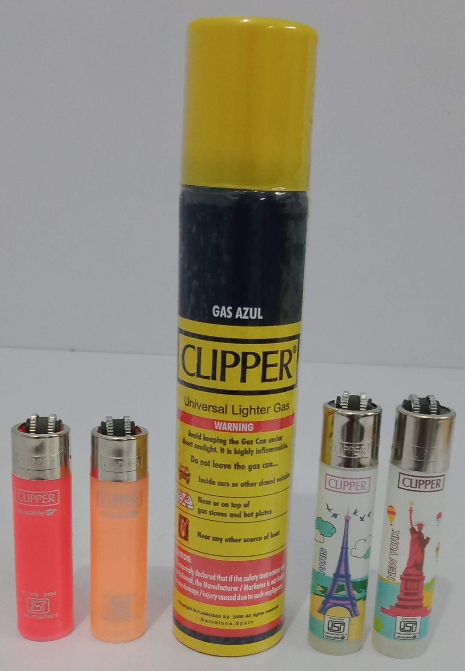 KOFY Clipper Mix Refillable Lighters 2pc Each Assorted Colour and Design with Gas Can