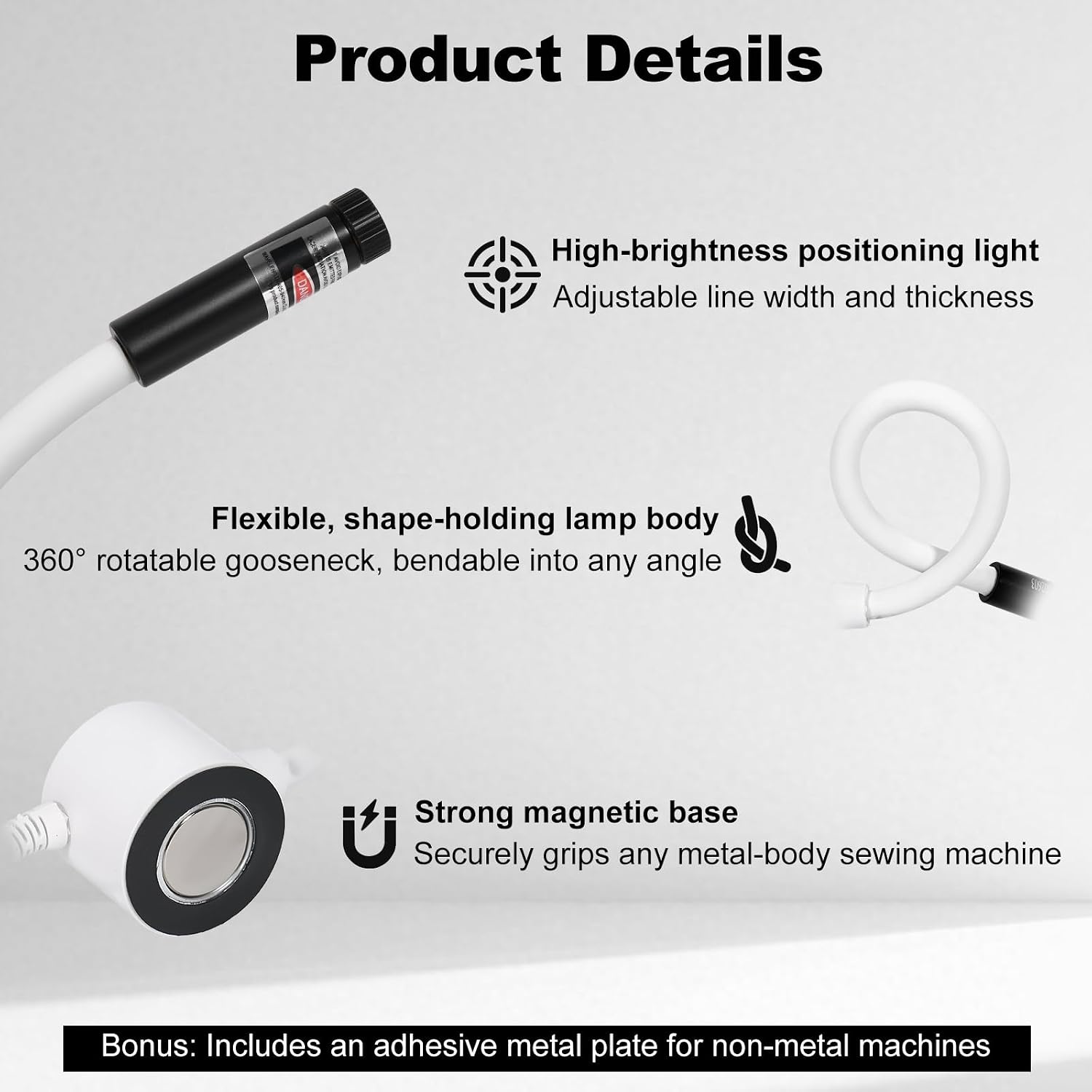Sewing Machine Laser Guide, Magnetic Seam Guide for Sewing Machine, USB Powered Crosshair Laser Light, Magnetic Sewing Guide with 2 Metal Plates for Quilting, Straight Stitching & Seam Alignment