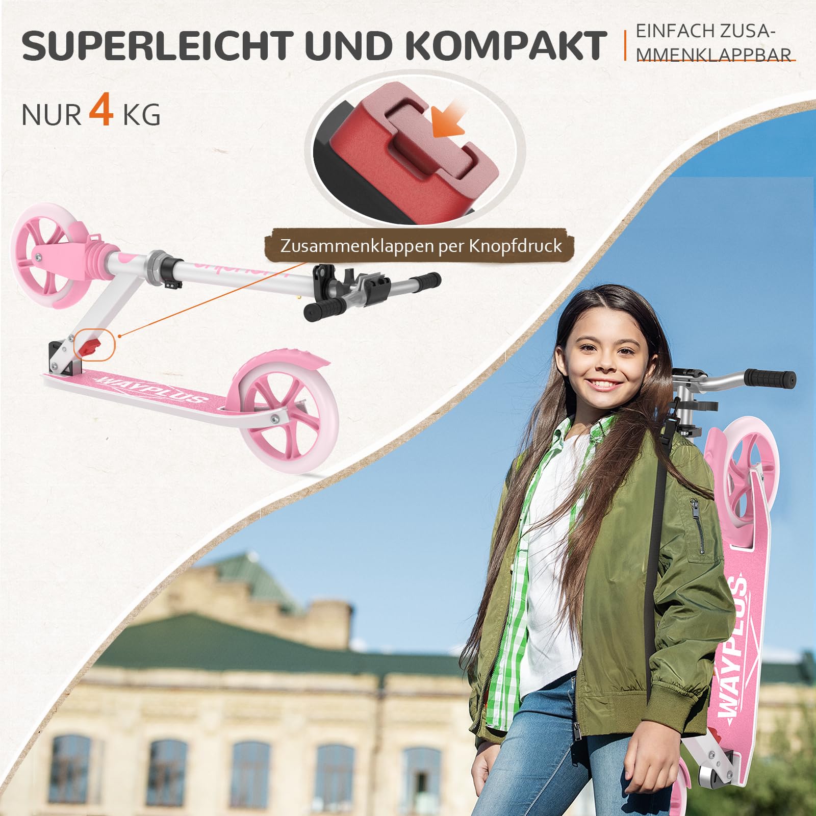 WAYPLUS Cityroller für Kinder, Jugendliche & Erwachsene ab 6 Jahren, Leicht & Zusammenklappbar, Max. Belastbarkeit 108kg, 200mm Räder mit ABEC9 Kugellager, Höhenverstellbar & Inkl