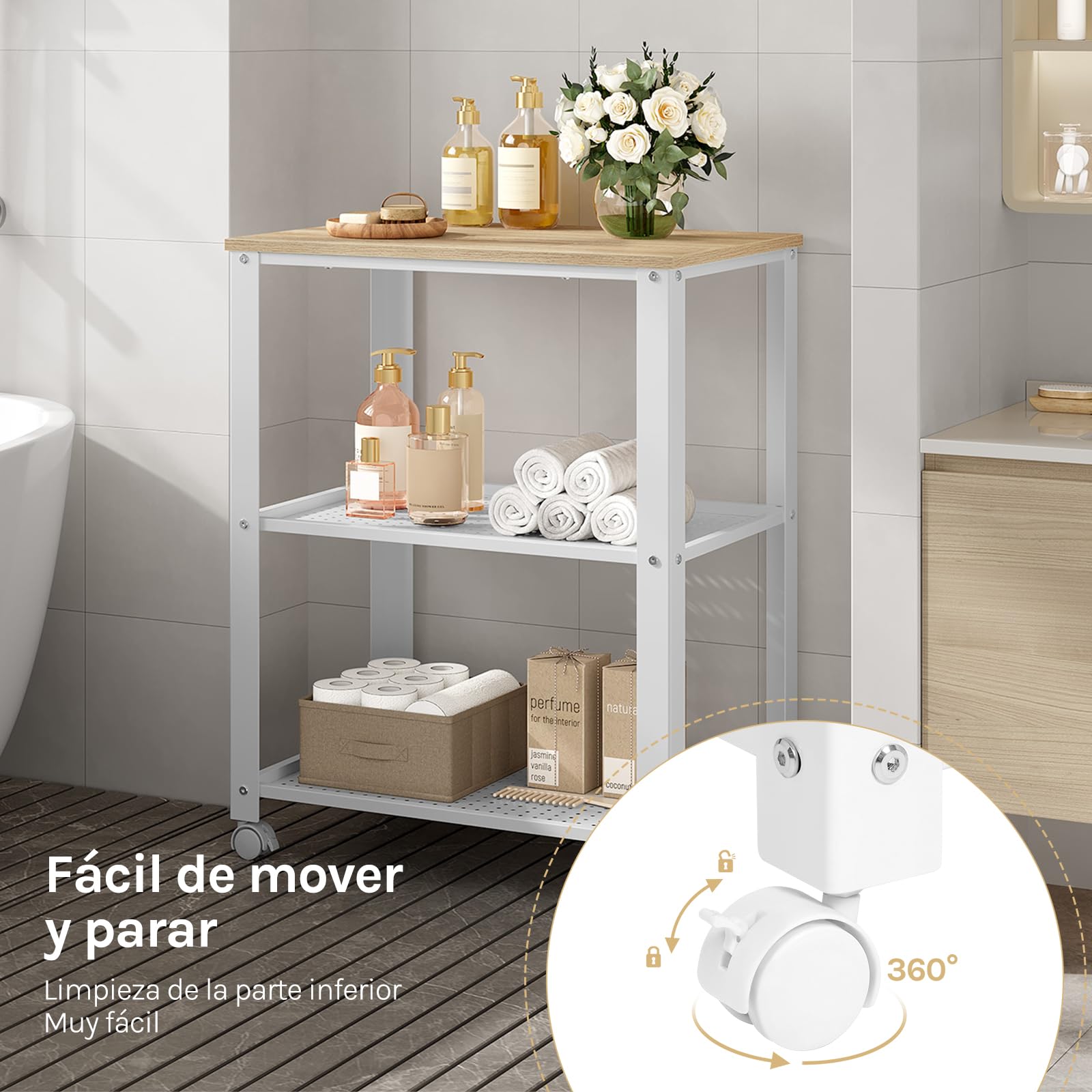 WOLTU Carro de Cocina de 3 Niveles, Estanteria con Ruedas, Carrito Auxiliar con Estantes Metálicas, para Cocina, Salón y Baño, 60x40x76 cm (Blanco+Roble Claro)