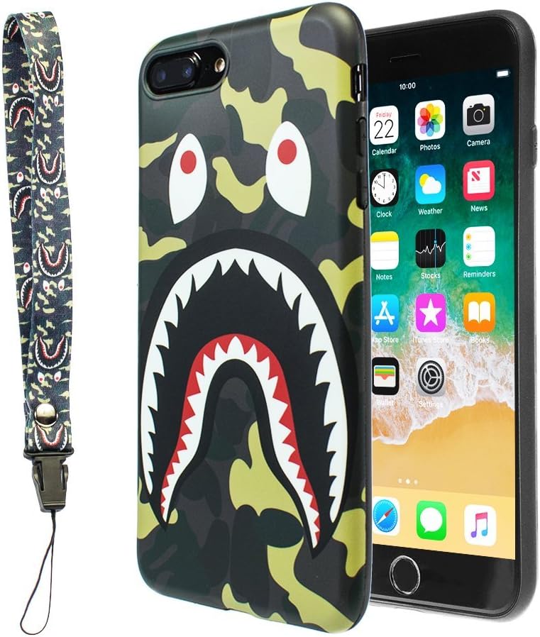 iPhone 7/8 Plus Shark Face Case Street Fashion Flexible Durable Designer Protective TPU Cover/Bumper/Skin/Cushion with Wrist Strap only for 5.5" iPhone 7 Plus/8 Plus (Camo Green)