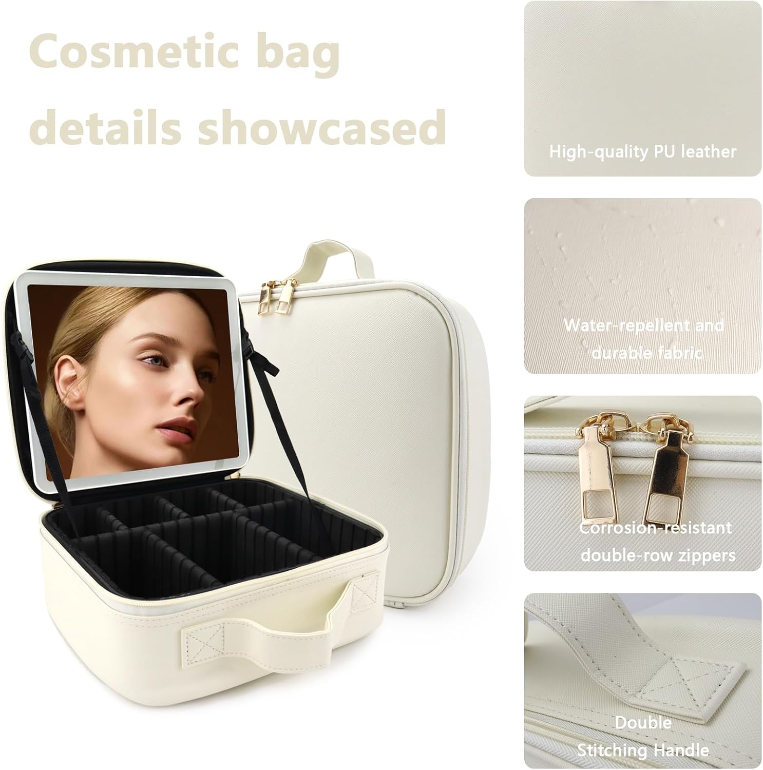 Travel Makeup Bag with LED Lighted Mirror, Travel Makeup Organizer,3 Color Setting Cosmetic Makeup Box, Adjustable Dividers and Brush Holder(white) - Image 6