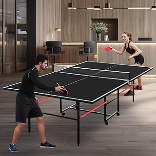 KEIKI Foldable 8FT/9FT Ping Pong Table Set, Portable Indoor Table Tennis Table with 0.2'' Durable MDF Top, Quick Game Mesa de Ping Pong para Adultos with Net, 2 Paddles & 3 Balls