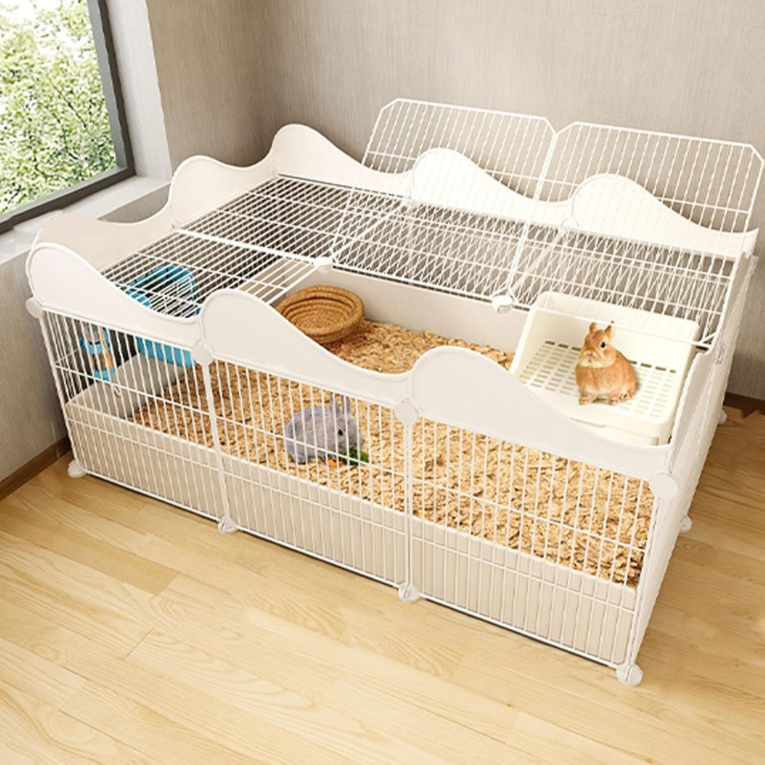Clapier lapin intérieur modulable grand L enclos métal blanc pour 2 lapins