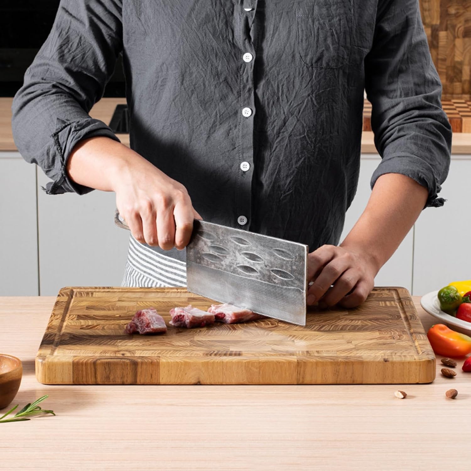 Cutting Boards For Kitchen Teakwood Chopping Board With Juice Groove & Handles Butcher Block Serving Tray For Cheese, Vegetables, Fruits(14.2 x 9.8 x 0.9in)