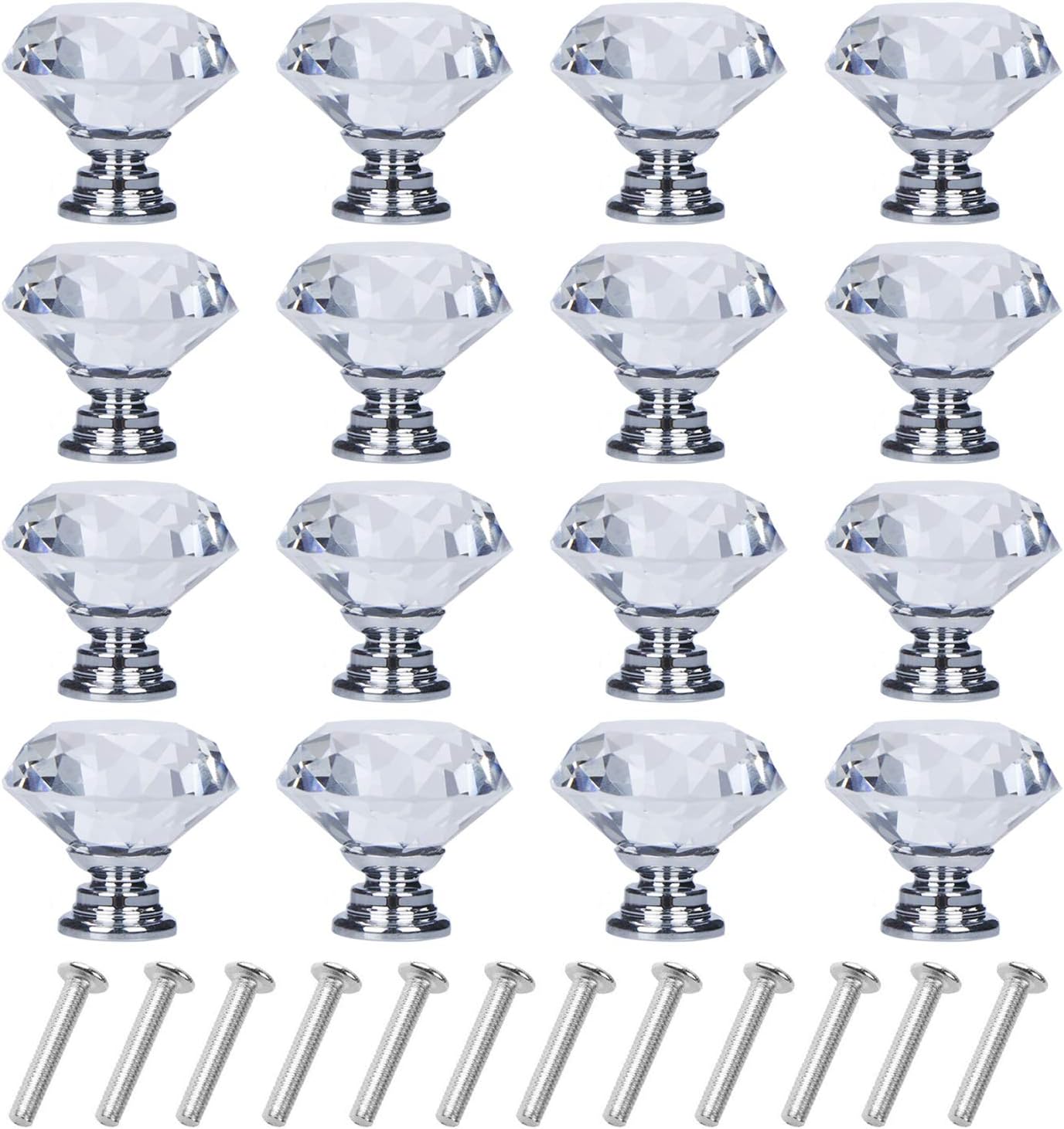 YourGift Wendy Direct 16 Pack Drawer Knobs Diamond Shaped Crystal Glass 30mm Cabinet Knobs Pull Handles
