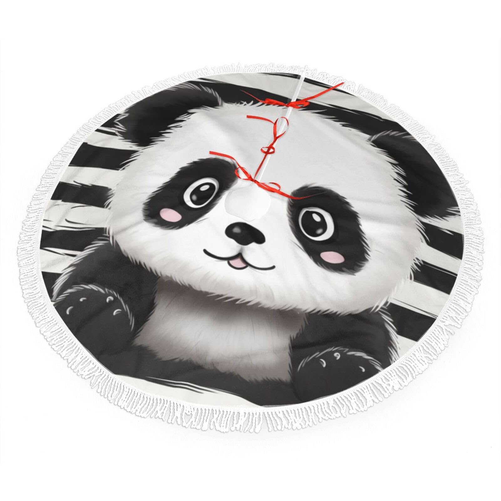 Black and White Panda Christmas Tree Skirt 36", Soft Plush Xmas Tree Carpet with Tassel Christmas Ornaments Winter Holiday Tree Mat Decoration for Home Party Supplies