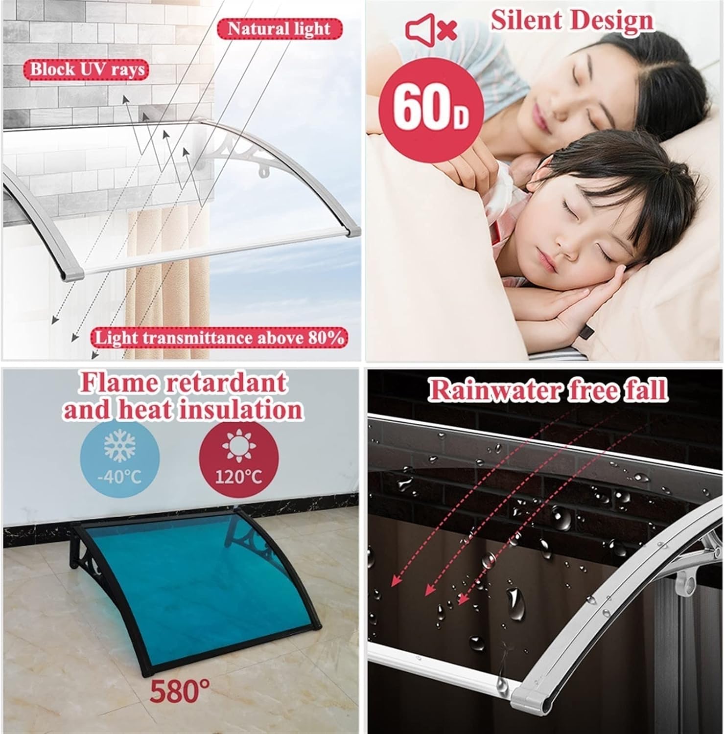 Window Awning Canopy for Front Door, Polycarbonate Canopy for Outside Sun Protection Rain Protection, Desk Arch Canopy for Garage Balcony Window House (Color : Gray, Size : 60x120C