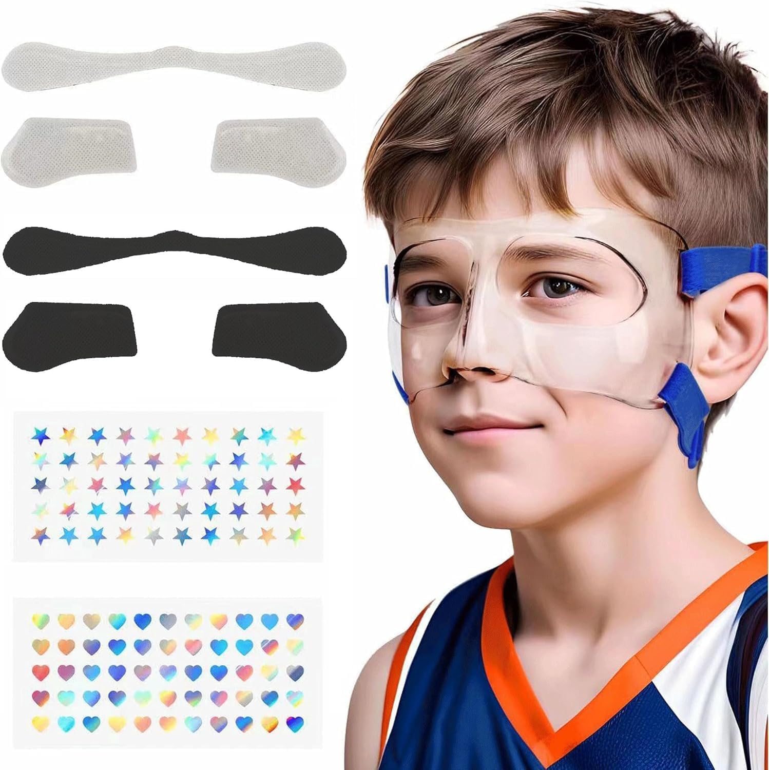 WR01A Kids Nose Guard for Broken Nose Girls Boys Adjustable Basketball Soccer Sports Face Mask with Foam Padding and Stickers for Youth Teens（Blue