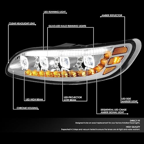 Miniatura 2 de DNA MOTORING HL-HAY-011-CH Par de faros LED de doble proyector secuencial de señal de giro de persecución cromada con Quad Halo DRL compatible con