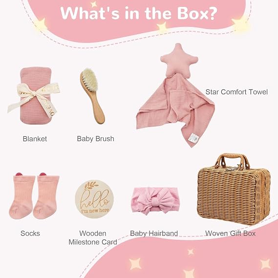 8-Piece New Baby Gifts, Baby Boy Girl Persent, Baby Shower New Mum Gifts, 8 in 1 Set - with Blanket, Horse Rattle Toy, Baby Hairband, Baby Brush, Socks, Milestone Card (Pink)